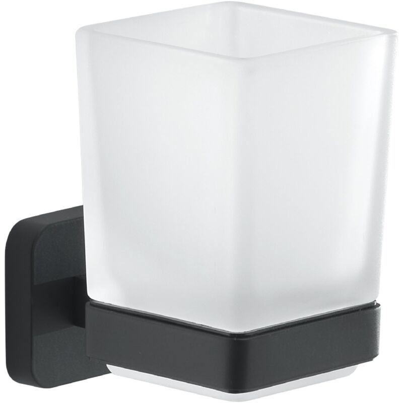 foto del prodotto gedy porta spazzolino tonga, bicchiere porta spazzolino in acciaio inox, cromall e vetro satinato, fissaggio con viti incluse o biadesivo, nero matt,