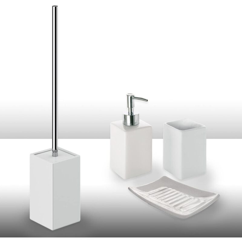 foto del prodotto gedy queenstown 4 pezzi, 1 porta solido, 1 scopino wc, 1 dispenser sapone, 1 portaspazzolini da bagno, set in ceramica ecologica, finitura bianca,