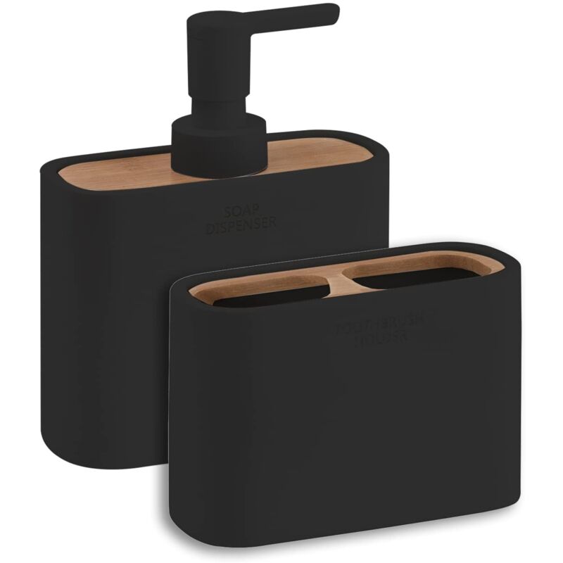 foto del prodotto gedy set melbourne 2 pezzi, 1 dispenser sapone e 1 porta spazzolino, serie realizzata in resina e bambù con finiture nere