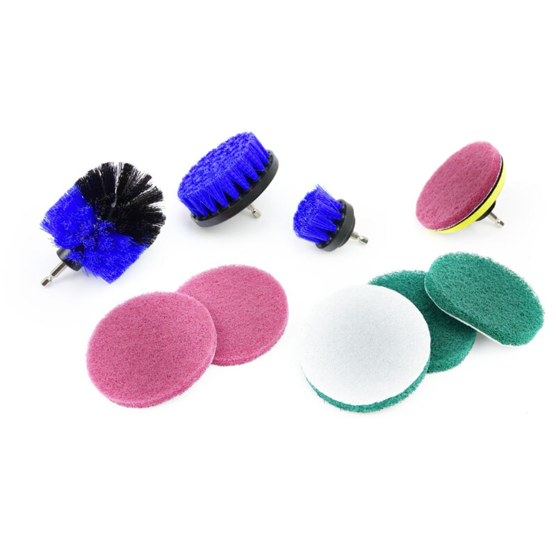 foto del prodotto geko set 10pz 3 spazzole disco in velcro e 6 cuscinetti per trapano set pulizia