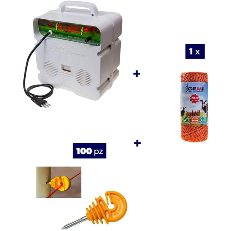 immagine 0 del prodotto gemi elettronica kit completo per recinto elettrico con 1 x elettrificatore 220v 1 x filo 250 mt 2 mm 100 pezzi isolatori per paletti in legno