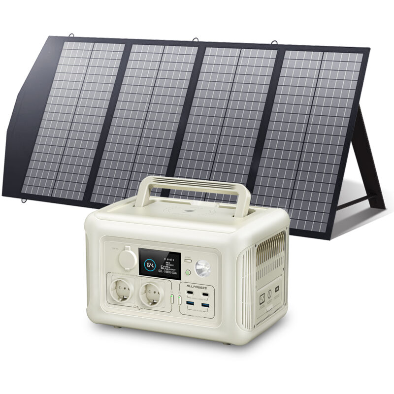 foto del prodotto generatore solare r600 con pannello solare da 140 w, 600 w punta 1200 w uscita ac, batteria lifepo4, alimentazione mobile per giardino allpowers