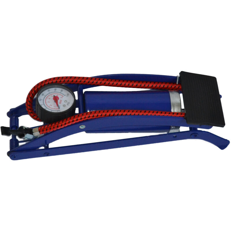 foto del prodotto generico ferramenta - pompa gonfiaggio a pedale acciaio manometro e adattatori bar max 5