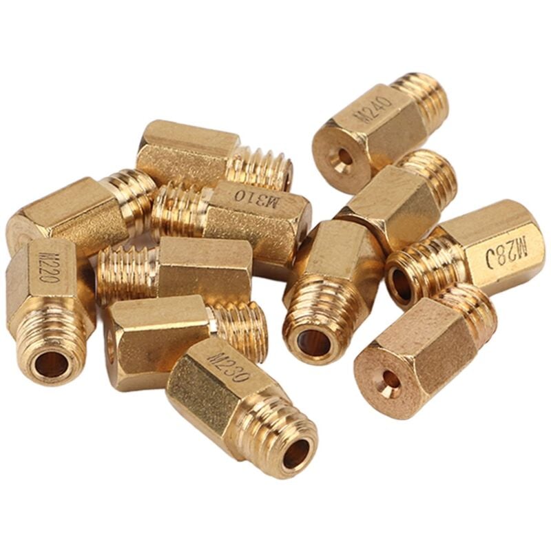 foto del prodotto getti per carburatore mikuni, getti principali per carburatore mikuni, accessori per carburatore, set da 12 getti principali esagonali in ottone, kit