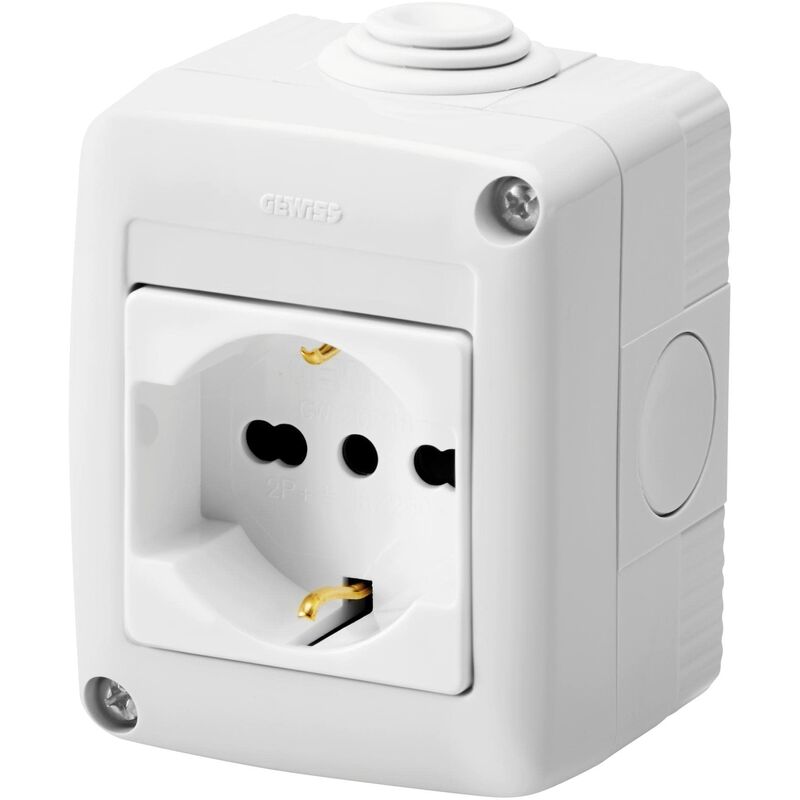 foto del prodotto gewiss contenitore completo apparecchi system protetto, con presa 2p t 16 a bivalente, standard italiano tedesco, ip40, grigio ral 7035