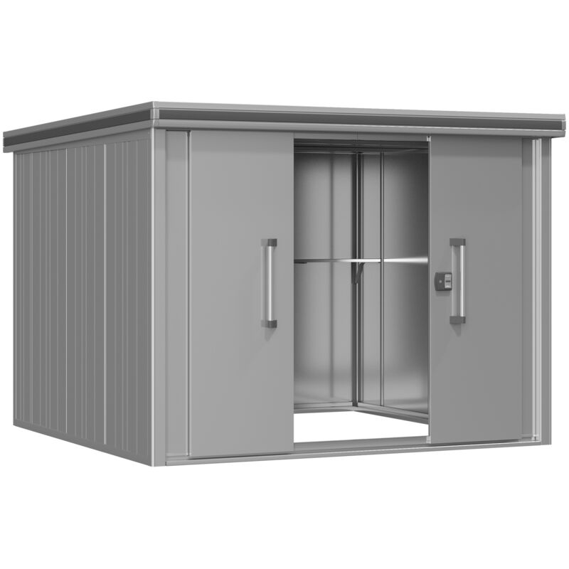 foto del prodotto gfp casetta da giardino in metallo 256x256x212 cm con porta scorrevole in grigio casetta impermeabile