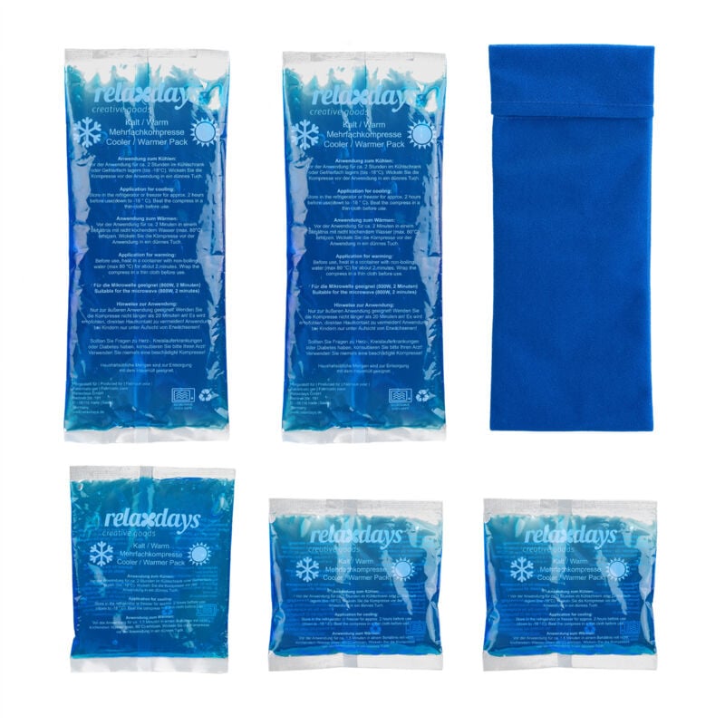 foto del prodotto ghiaccio gel termico, set 5 sacchetti multiuso, 3 misure, terapia caldo freddo, cuscinetti refrigeranti, blu relaxdays