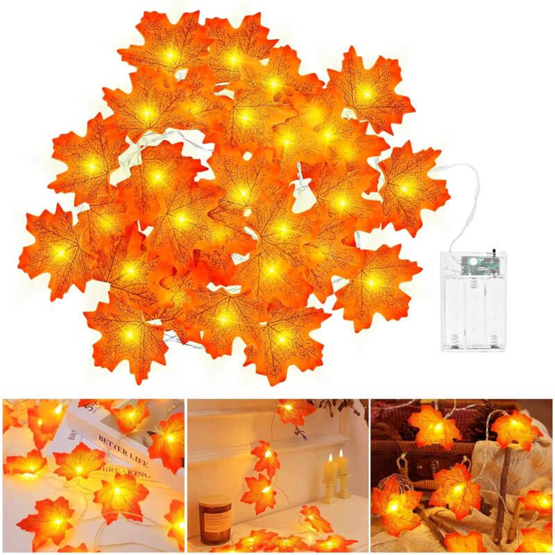 foto del prodotto ghirlanda autunnale, decorazione autunnale per halloween, stringa luminosa alimentata a batteria con foglia d acero da 3 m e 20 led per halloween,