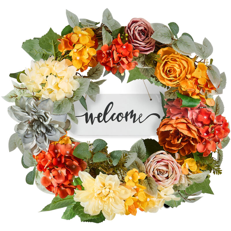 foto del prodotto ghirlanda decorativa artificiale, 24 pollici, rosso arancione giallo, con ortensie e rose per decorazioni per tutte le stagioni mophorn