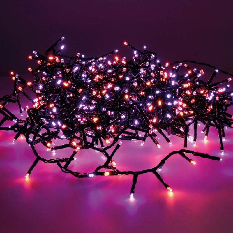 foto del prodotto ghirlanda led compatta lampeggiante per esterni viola e arancione 14m 500l filo nero