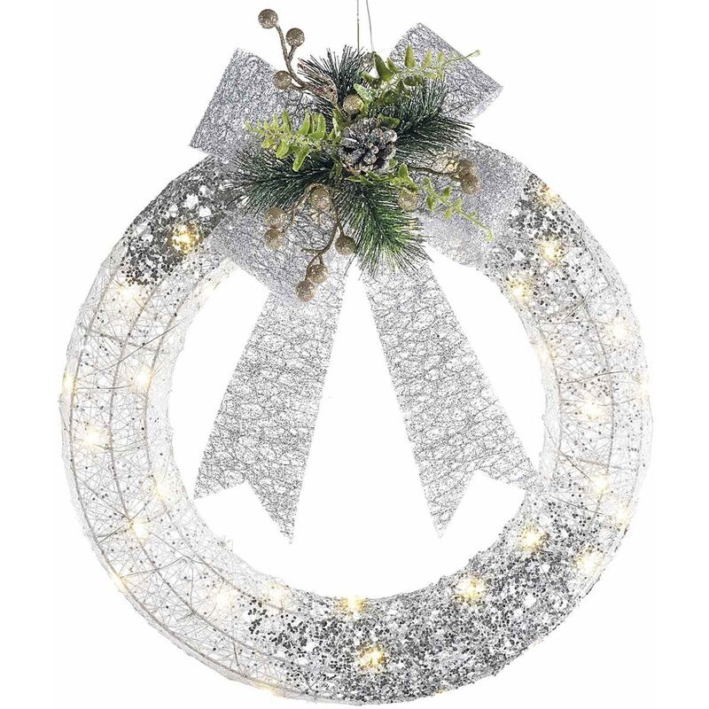 foto del prodotto ghirlanda natalizia da porta effetto neve con rametti, bacche e led ghirlanda di natale luminosa a batterie diametro 46 cm