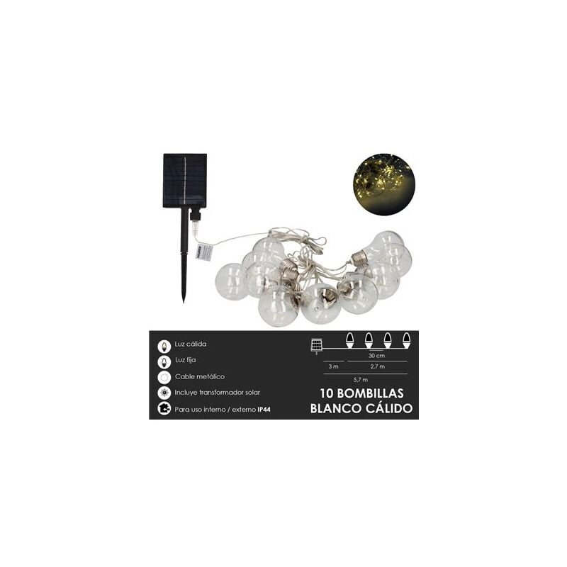 foto del prodotto ghirlanda solare 10 lampadine 50 micro led luce calda. batteria ricaricabile per uso esterno interno ip44