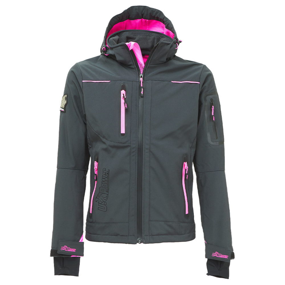 foto del prodotto giacca lavoro donna softshell chiusura zip cappuccio colore grey fucsia upower misura large l, confezione 1