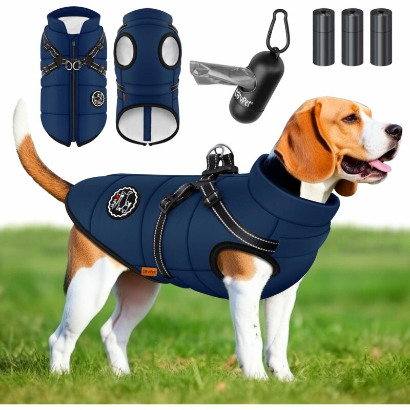 foto del prodotto giacca per cani cappotto per cani con pettorina incl. 45 sacchetti per la cacca dispenser gilet invernale per cani foderato impermeabile gilet