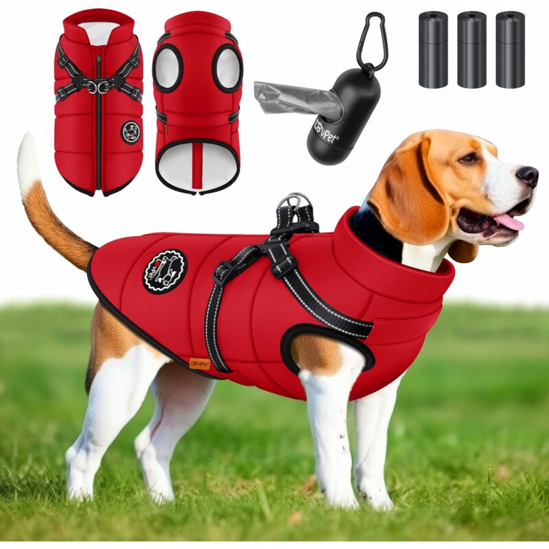 foto del prodotto giacca per cani cappotto per cani con pettorina incl. 45 sacchetti per la cacca dispenser gilet invernale per cani foderato impermeabile gilet