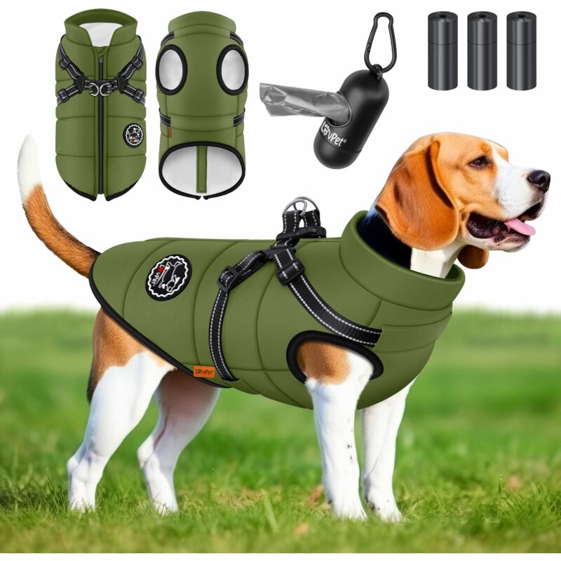 foto del prodotto giacca per cani cappotto per cani con pettorina incl. 45 sacchetti per la cacca dispenser gilet invernale per cani foderato impermeabile gilet
