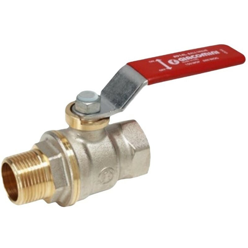 foto del prodotto giacomini valvola a sfera in ottone nichelato con leva rossa 1 e 1 4 maschio femmina r914lx026
