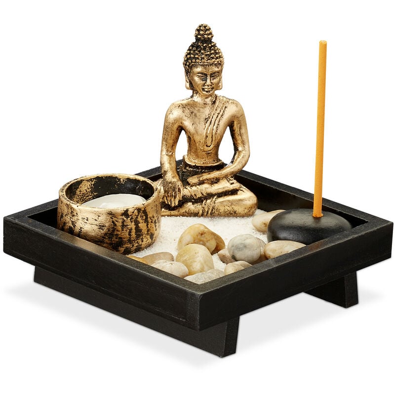 foto del prodotto giardino zen, con buddha, pietre, sabbia, porta incenso portalumino, rilassante, decorazione feng shui, nero relaxdays