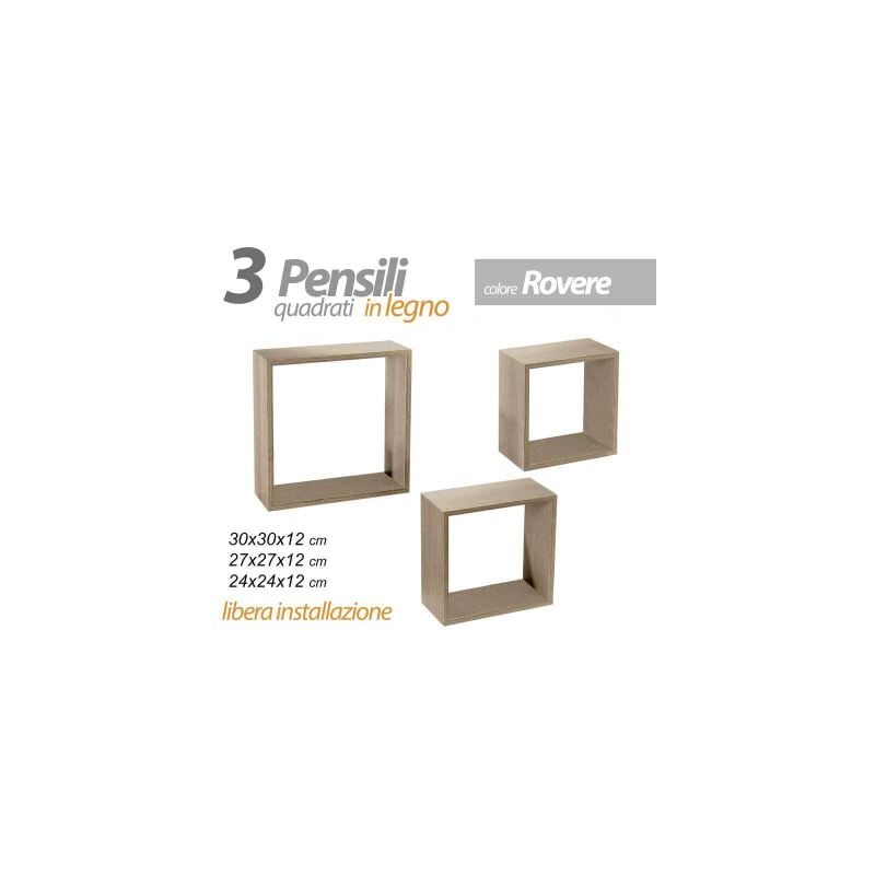 foto del prodotto gicos set 3 pensili sospesi a forma quadrata da parete in legno rovere a libera installazione
