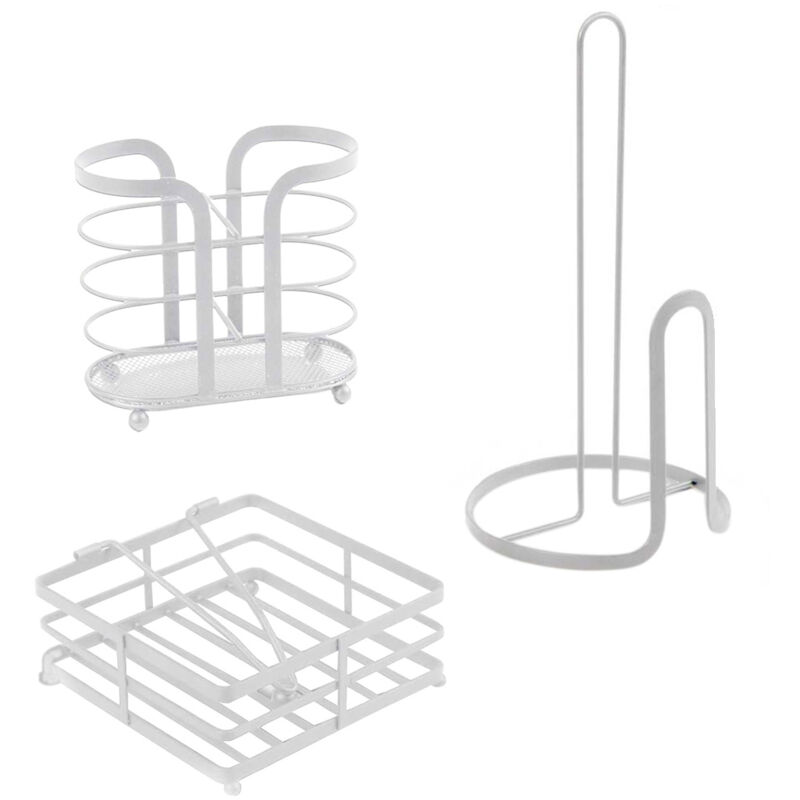 foto del prodotto gicos set da cucina in filo di ferro 16x16x31cm in colore bianco con portarotolo. portatovaglioli e portabicchieri