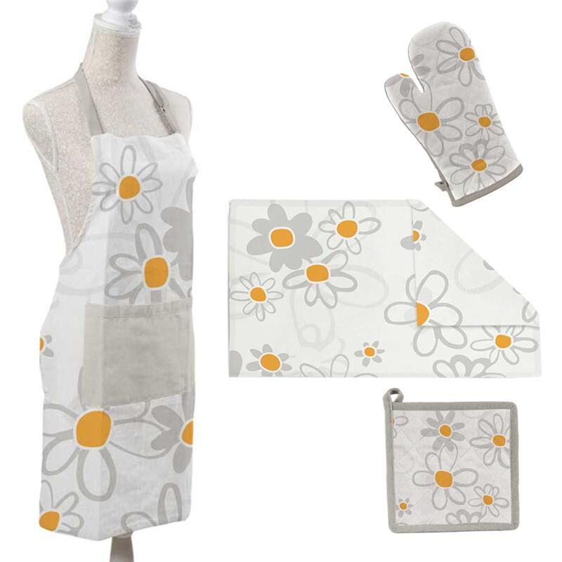 foto del prodotto gicos set daisy da cucina in tessuto con strofinaccio. presina. guanto e grembiule