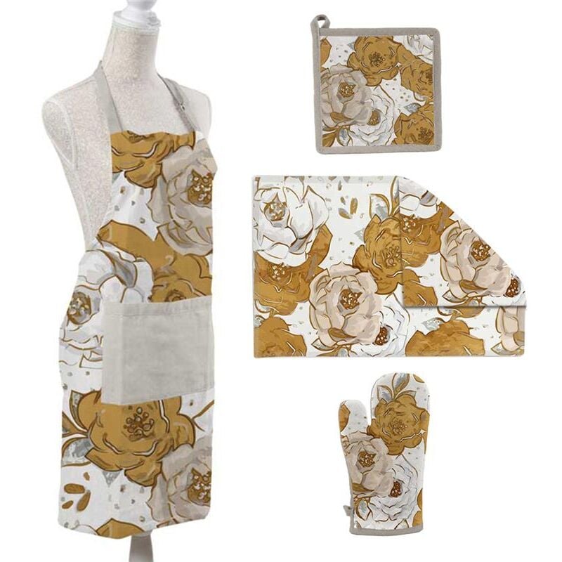 foto del prodotto gicos set rose da cucina in tessuto con strofinaccio. presina. guanto e grembiule