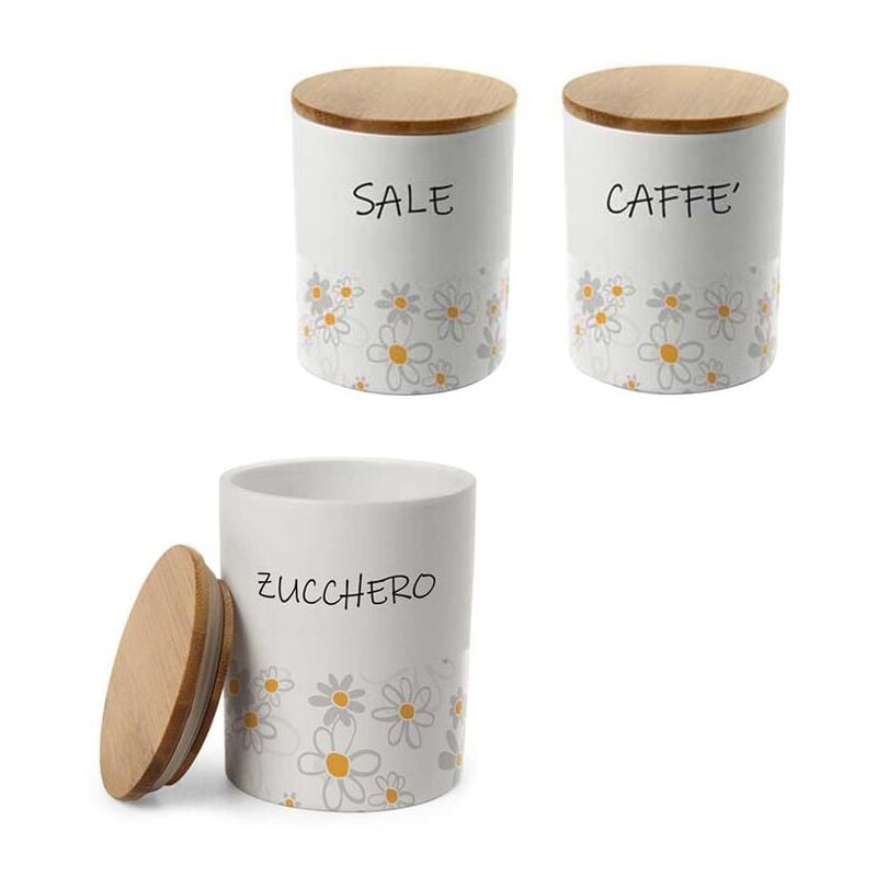 foto del prodotto gicos tris tondo daisy sale. zucchero e caff in ceramica con tappo in legno 10x13 cm