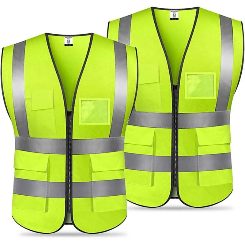 foto del prodotto gilet di sicurezza (2 pezzi) gilet riflettente con 5 tasche e cerniera anteriore, gilet da lavoro ad alta visibilità per corsa, ciclismo, motociclismo, passeggiate e lavoro, unisex