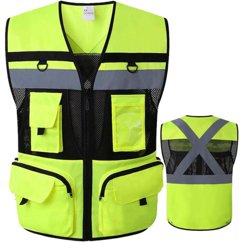 foto del prodotto gilet di sicurezza riflettente con 9 tasche ad alta visibilit giallo nero ansi, gilet in tessuto a rete con grandi tasche per uomo e donna giallo