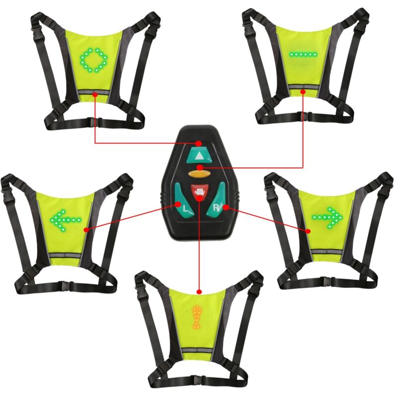 foto del prodotto gilet lampeggiante a led, gilet riflettente a led con indicatore di direzione telecomando, indicatori di direzione, ricaricabile tramite usb,