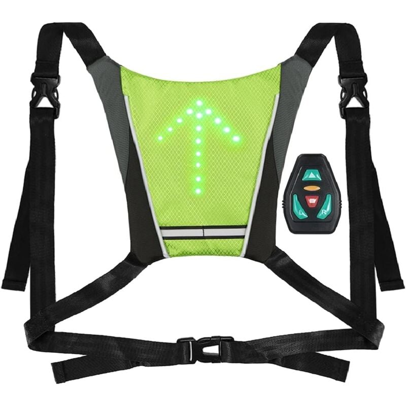 foto del prodotto gilet riflettente per ciclismo, attacco a clip per zaino riflettente, ricaricabile tramite usb con luce di direzione a led, telecomando, attrezzatura