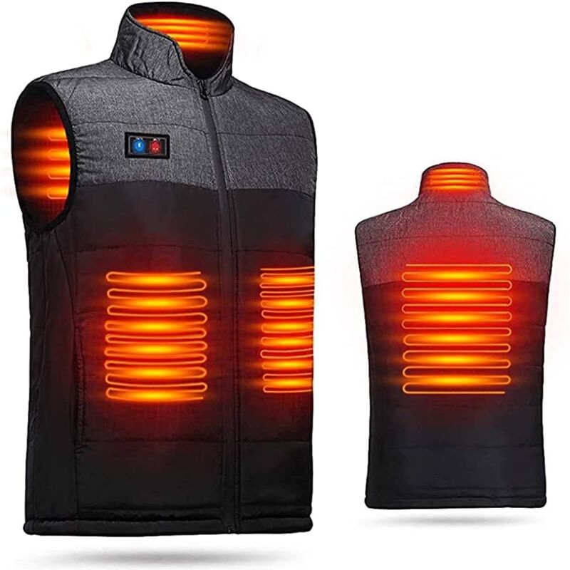 foto del prodotto gilet riscaldato elettrico doppio interruttore regolabile 4 scaldini ricarica usb protezione riscaldante ultraleggera contro il freddo esterno nero