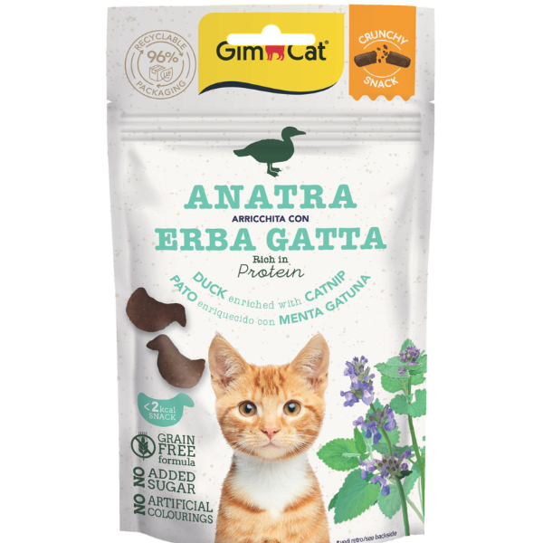 foto del prodotto gimcat crunchy snack per gatti grain free 50 gr anatra arricchita con erba gatta 1 ordine scegli lo sconto bzr5 bzr20 200 punti fedelt 