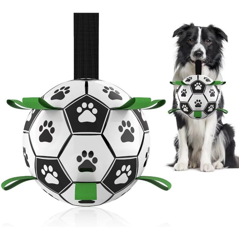 foto del prodotto giocattoli per cani pallone da calcio con cinghie, giochi interattivi di tiro alla fune, regali di compleanno per cuccioli, giocattolo da tirare per