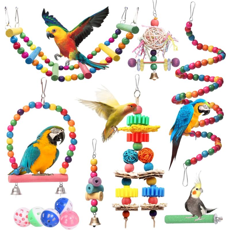 foto del prodotto giocattoli per uccelli pappagalli, giocattoli e accessori per parrocchetti, confezione da 12, altalena da masticare, triturazione, scala,