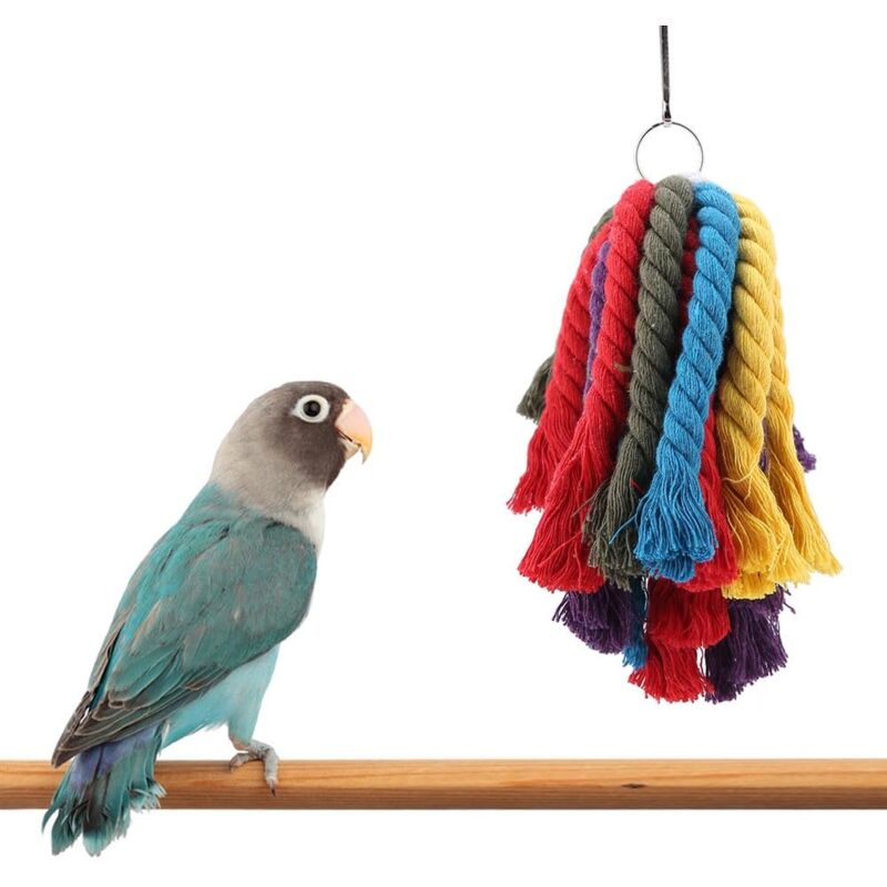 foto del prodotto giocattolo da masticare per uccelli, corda di cotone colorata da appendere, giocattolo per pappagalli, trespolo per foraggiamento, accessori per
