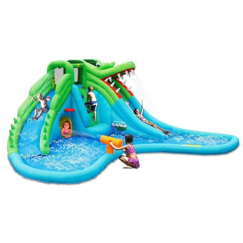 foto del prodotto giochi gonfiabile acquatico bambini coccodrillo scivolo canestro spruzzi acqua