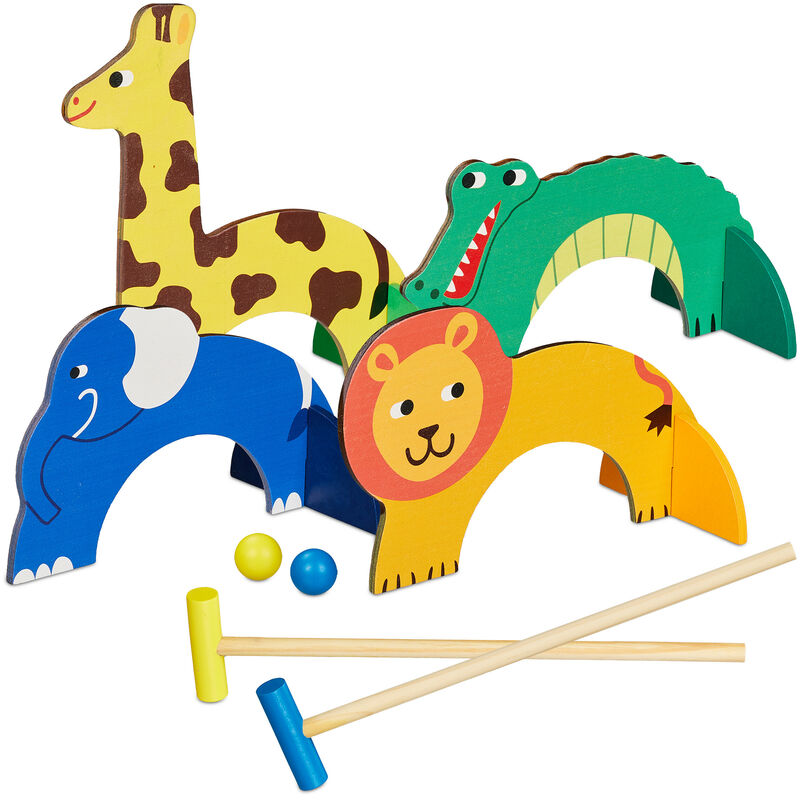 foto del prodotto gioco del croquet per bambini, 2 giocatori, set completo mazze, palline e archetti, in legno, multicolore relaxdays