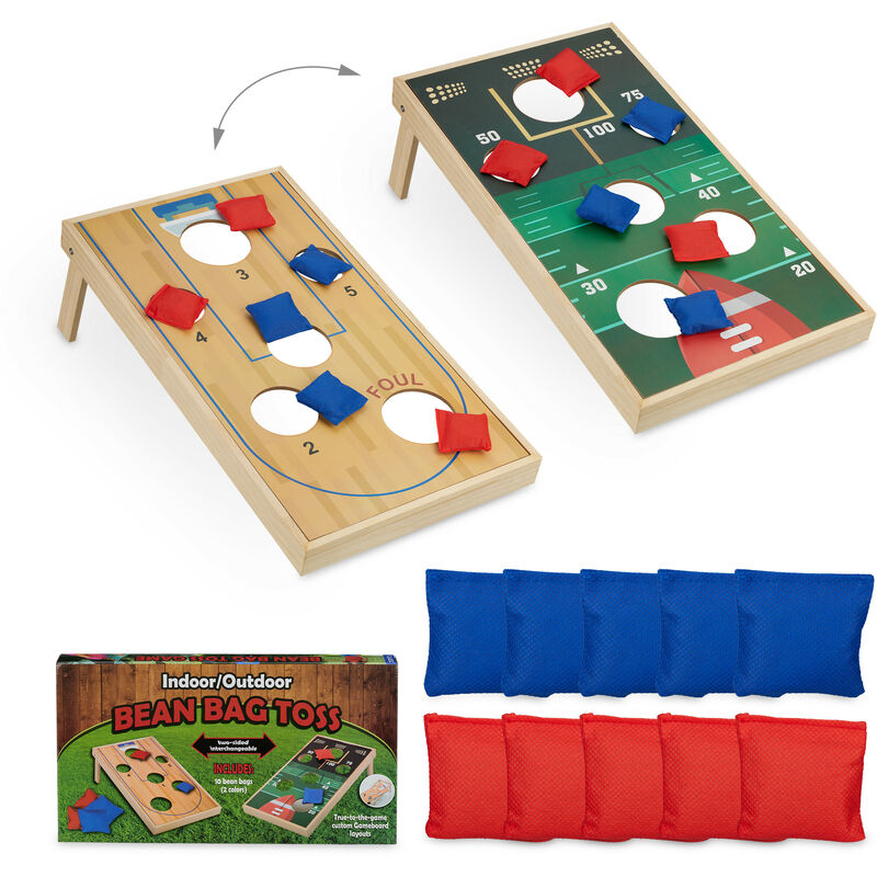 foto del prodotto gioco di lancio del sacco cornhole, con 10 sacchettini, interni e esterni, game hlp 18 x 29 x 58 cm, colorato relaxdays