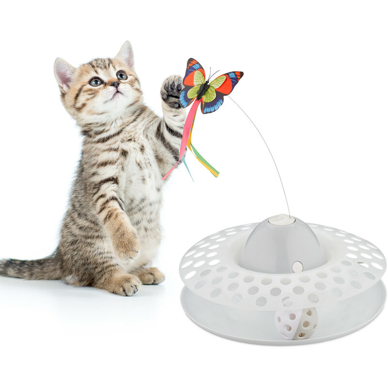 foto del prodotto gioco gatto interattivo, bastoncino con farfalla, giocattolo con palla rotante, cat toy hxd 33,5x22 cm, bianco relaxdays
