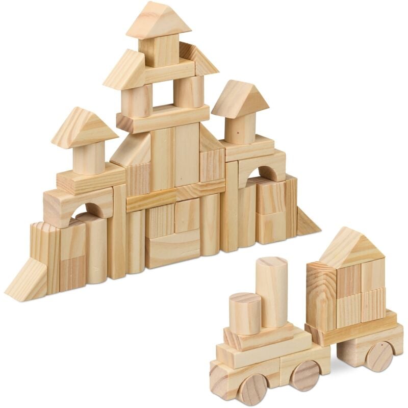 foto del prodotto gioco in legno per bambini da 3 anni, 100 blocchi da costruzione, mattoncini impilare, motricit , naturale relaxdays