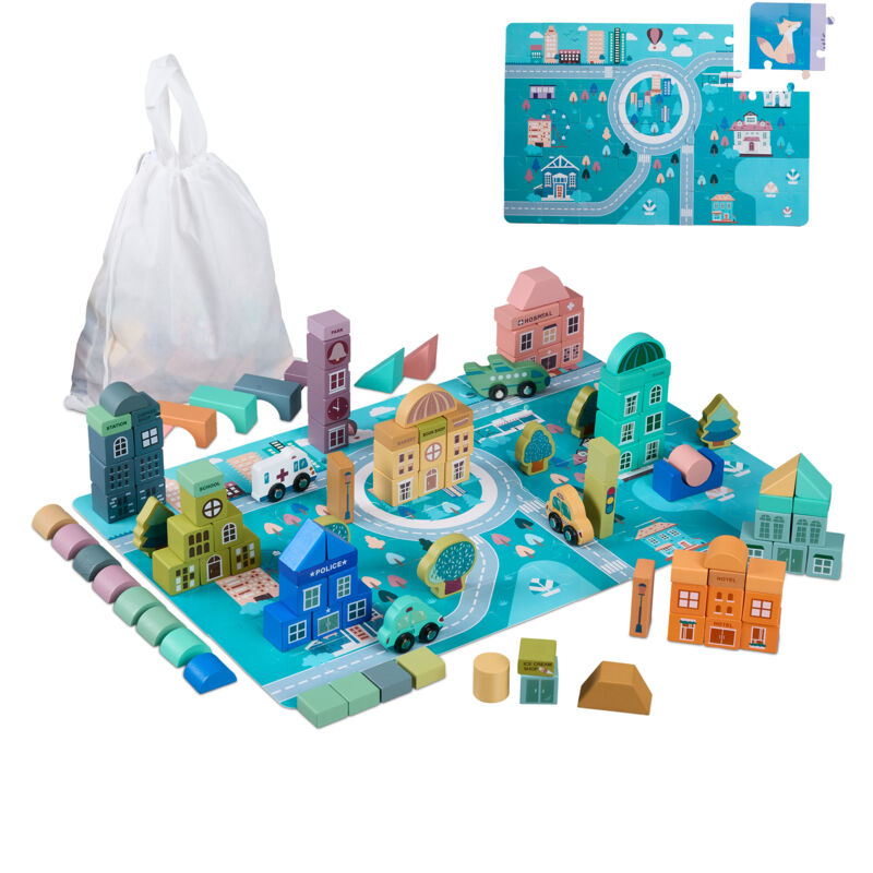 foto del prodotto gioco in legno per bambini da 3 anni, 133 blocchi da costruzione, puzzle citt , lettere, numeri, colorati relaxdays