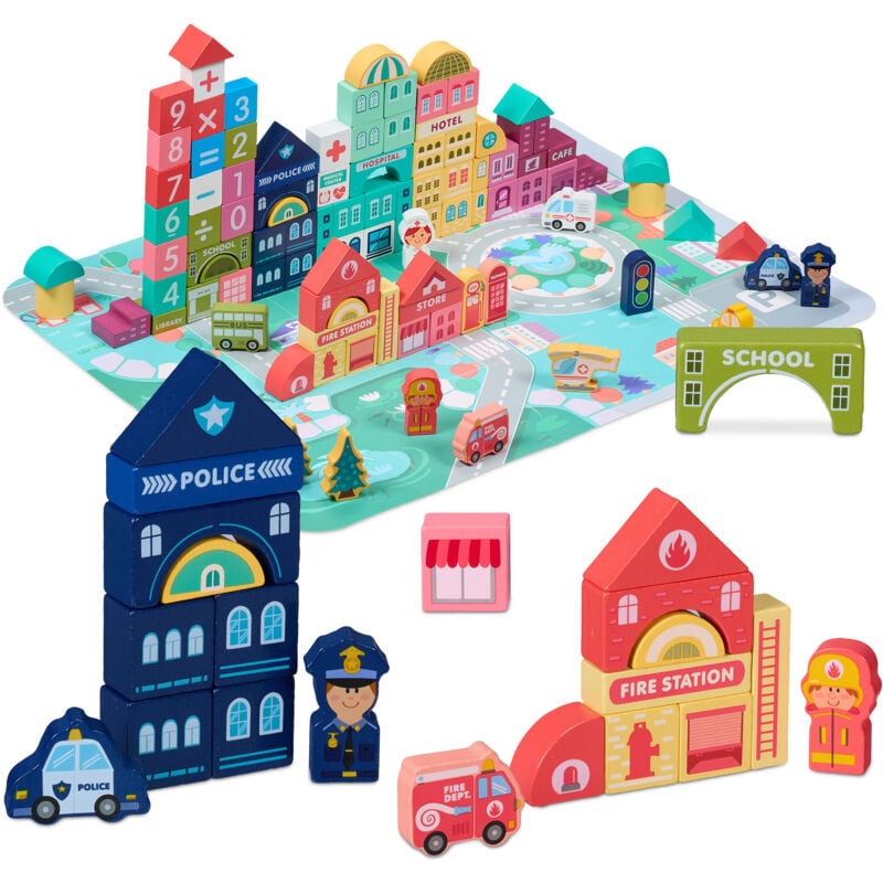 foto del prodotto gioco in legno per bambini da 3 anni, set 100 blocchi da costruzione, puzzle citt , lettere, numeri, colorati relaxdays