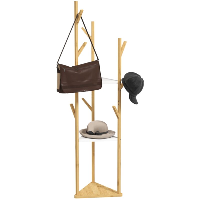 foto del prodotto giordanoshop albero appendiabiti da terra 45x45x170 cm con 8 ganci e 3 ripiani in bamb naturale e bianco