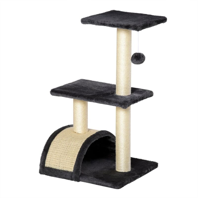 foto del prodotto giordanoshop albero tiragraffi per gatti 3 livelli 40x35x72 cm piattaforme arco e palline in sisal e peluche grigio