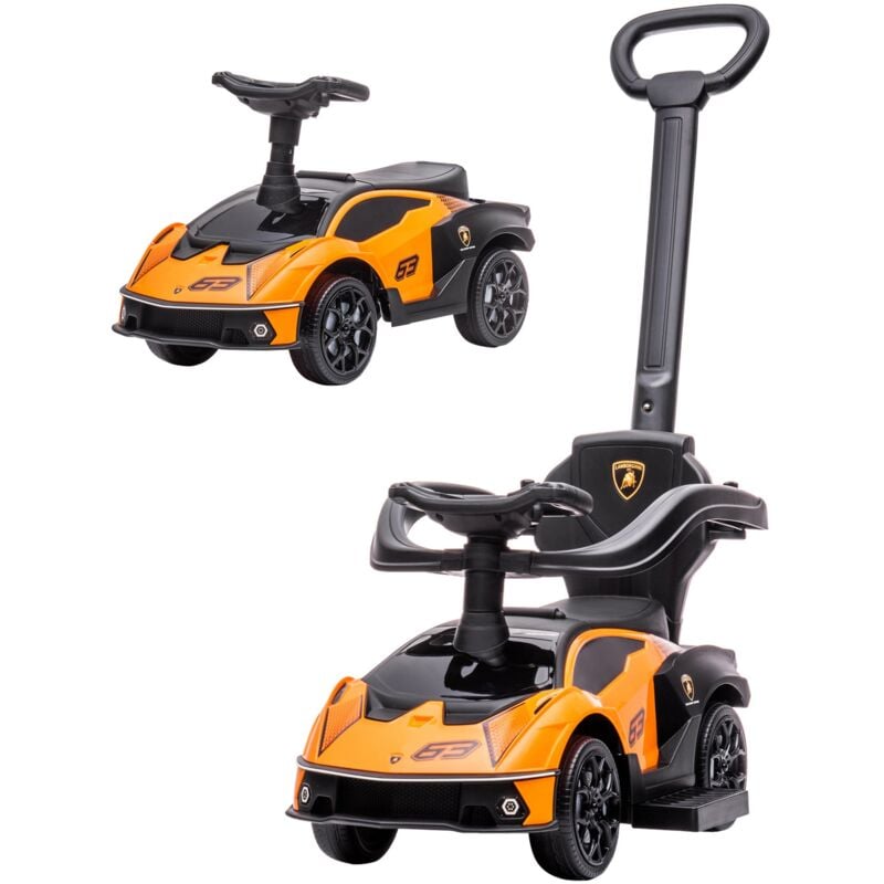 foto del prodotto giordanoshop auto macchina cavalcabile per bambini licenza lamborghini design 2 in 1 con manubrio passeggino arancione e nero