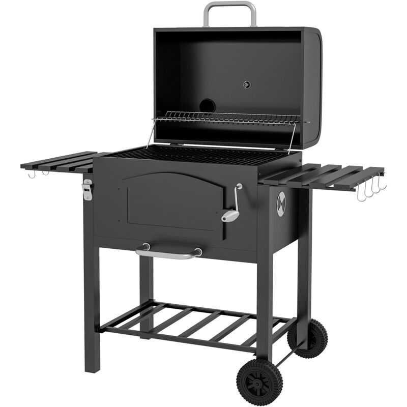 foto del prodotto giordanoshop barbecue da giardino a 2 ruote con griglia affumicatore e fornello 124x66x112 cm in metallo e ghisa nero
