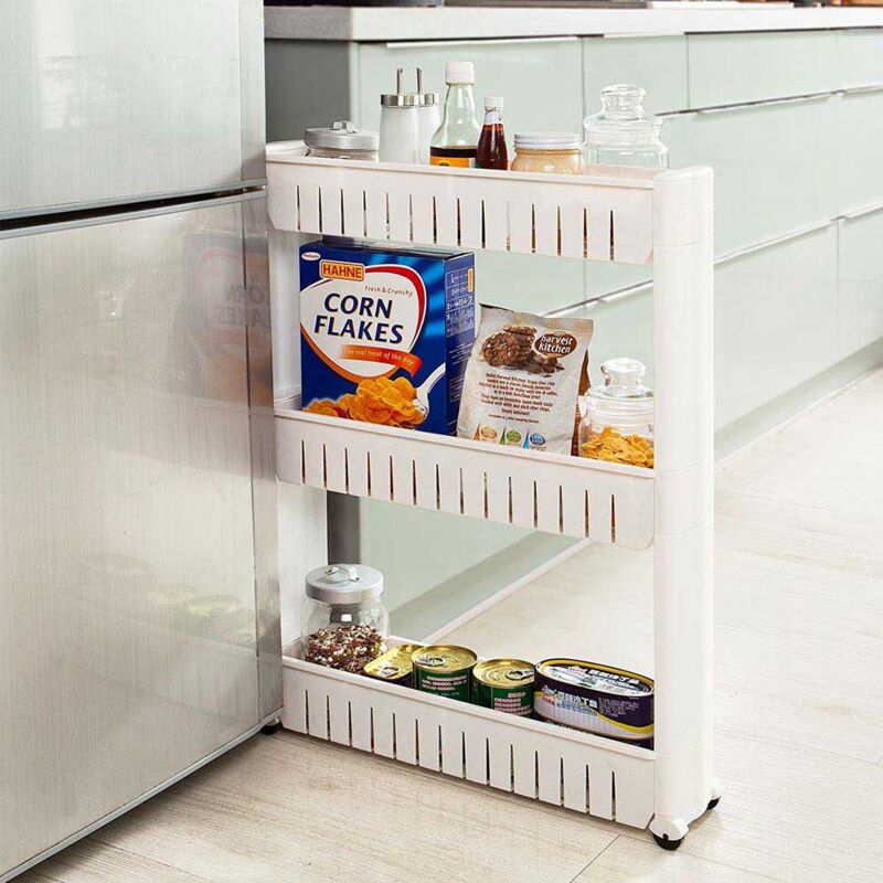 foto del prodotto giordanoshop carrello carrellino slim salvaspazio cucina bagno ripostiglio 3 ripiani e 4ruote