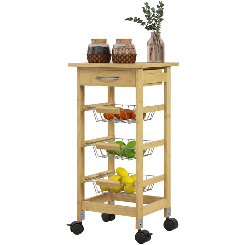 foto del prodotto giordanoshop carrello cucina con cassetto e 3 cestini a rete metallica 37x37x76 cm in legno