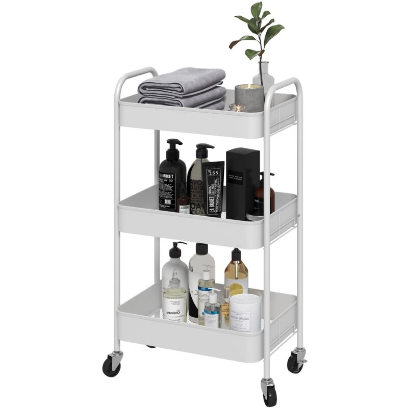 foto del prodotto giordanoshop carrello da cucina a 3 livelli con maniglie e 4 rotelle 45x30,6x79 cm in acciaio bianco